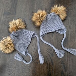 Twin Gray Knit Kids Hat with Faux Fur Pom Poms